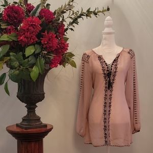 BCBG Tunic One Size Long Sleeve Peach V-Neck